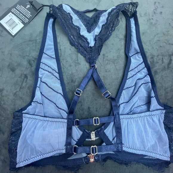 Thistle and Spire Bra Womens 32C Denim Racerback Lace Strappy Sheer Revolve - Picture 2 of 4